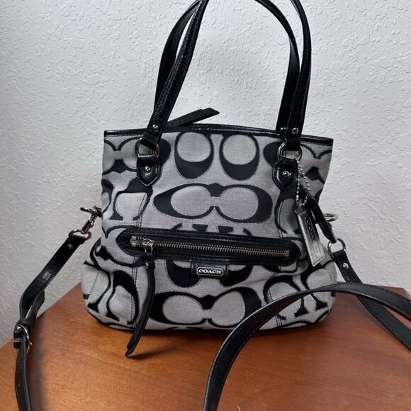 Coach Black/Gray Signature Canvas And Patent Leather Tote Handbag - Picture 1 of 9